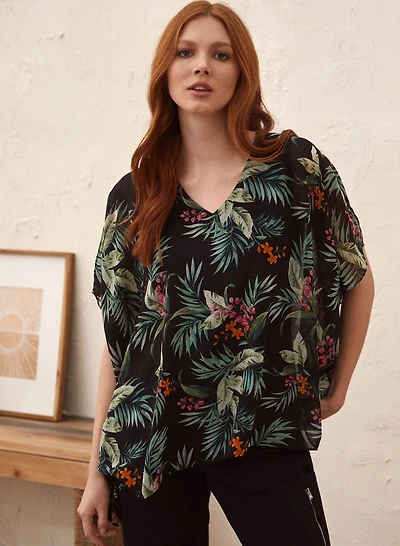 Tropical Print Chiffon Poncho Top