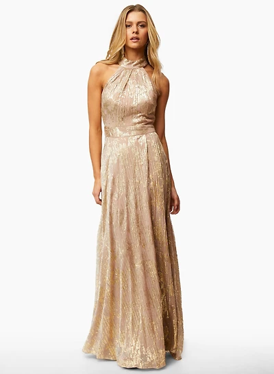 Metallic Plisse Halter Neck Dress