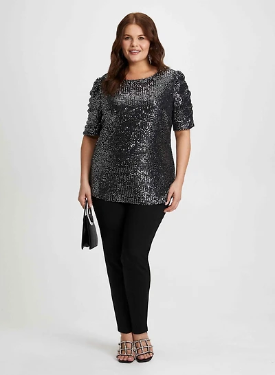 Shirred Sleeve Sequin Top & Bow Detail Pants