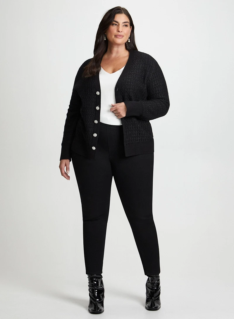 Jeweled Button Cardigan & Slim Leg Jeans