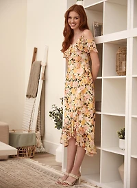 Robe midi à volants et ourlet asymétrique