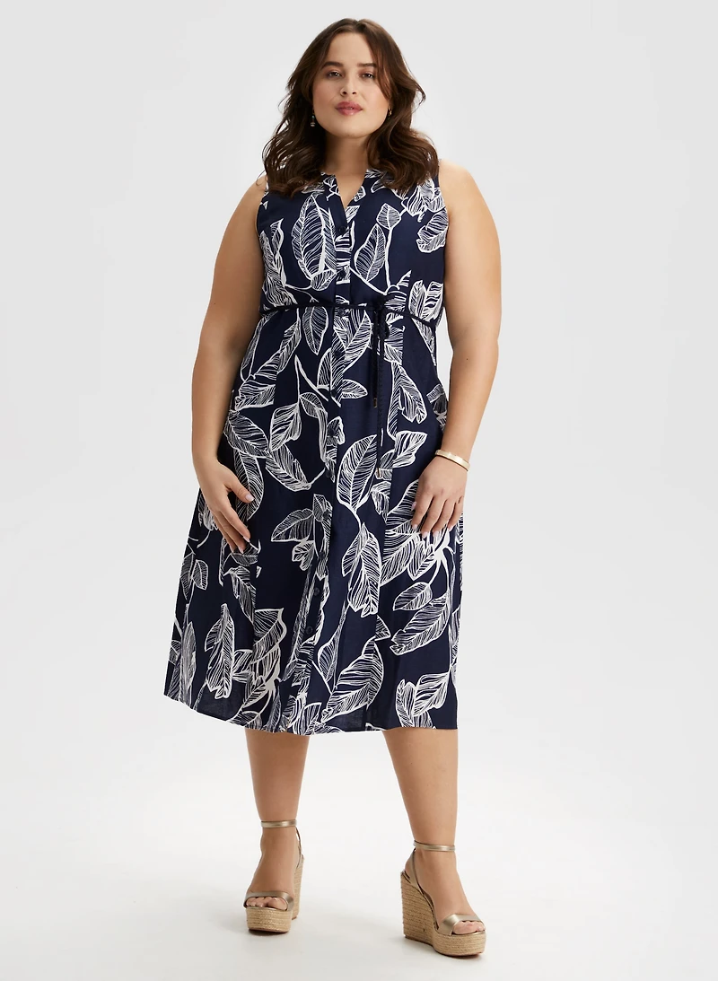 Robe midi sans manches à motif feuilles