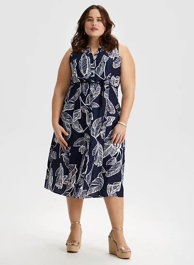 Robe midi sans manches à motif feuilles