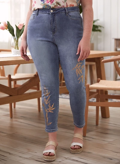 Metallic Leaf Print Ankle Jeans