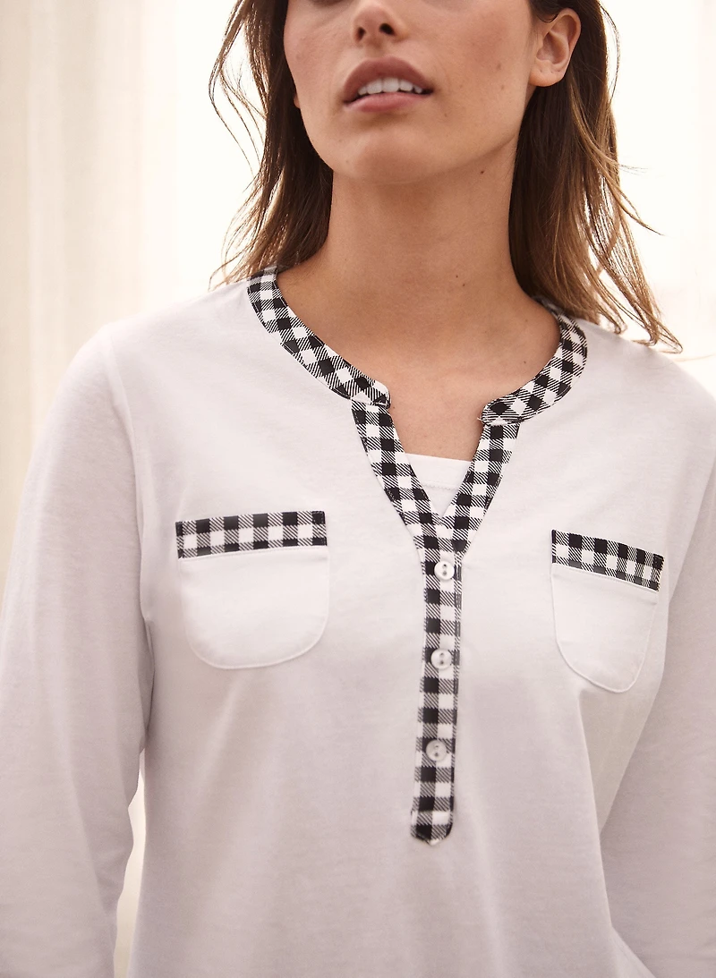 Checkered Print Trim Henley Top