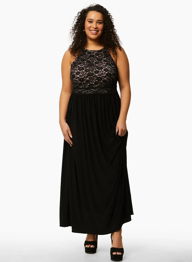 Robe longue à sequins et dentelle