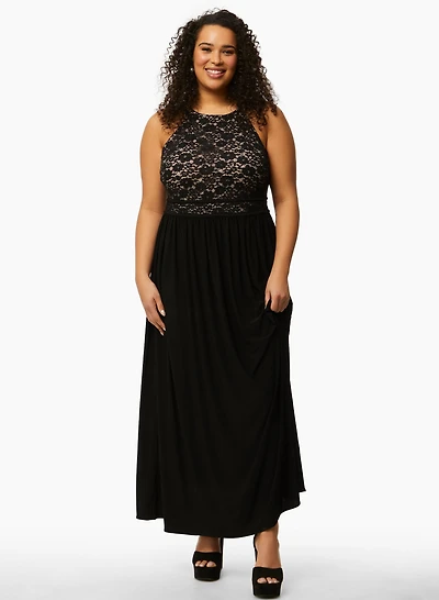 Robe longue à sequins et dentelle