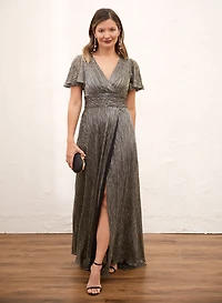 Metallic Short Sleeve Crinkle Dress