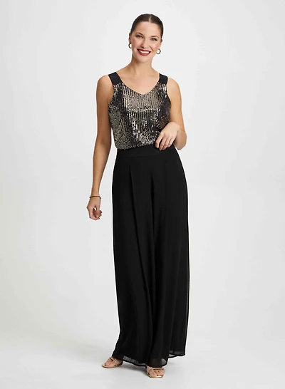 Camisole en sequins avec pantalon large et pochette pailletée