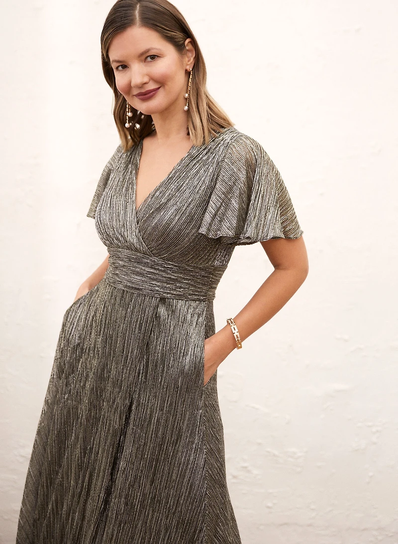 Metallic Short Sleeve Crinkle Dress