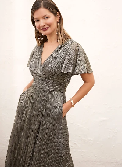 Metallic Short Sleeve Crinkle Dress