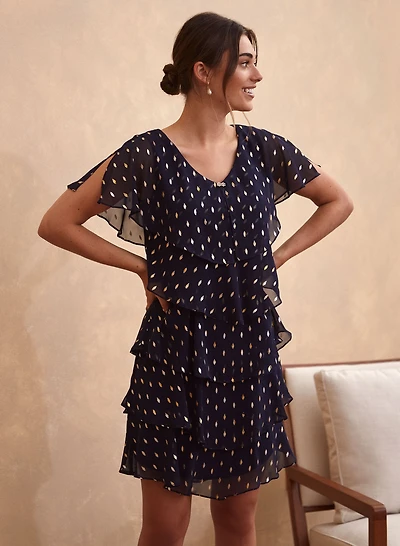 Robe étagée à volants et motif métallisé