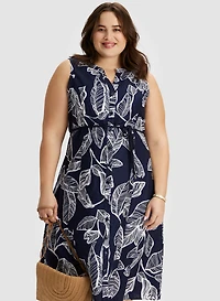 Robe midi sans manches à motif feuilles
