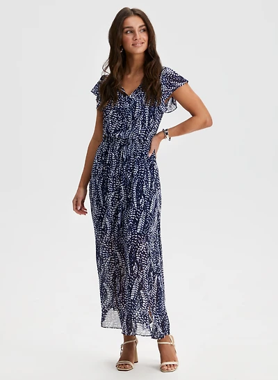 Feather Print Chiffon Maxi Dress
