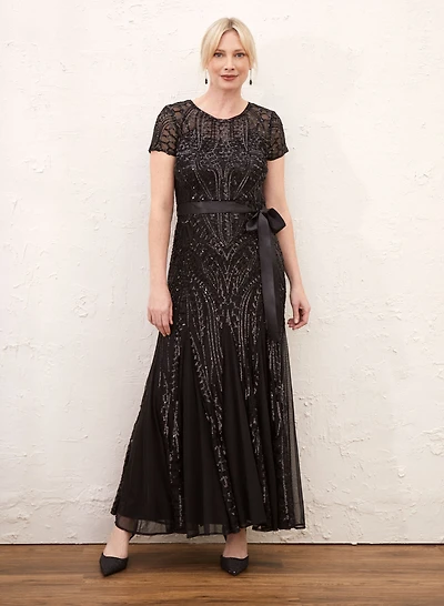 Belted Sequin Mesh Dress