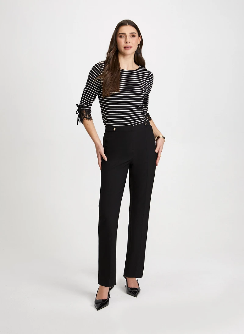 Lace Trim Stripe Motif Top & Straight Leg Pants