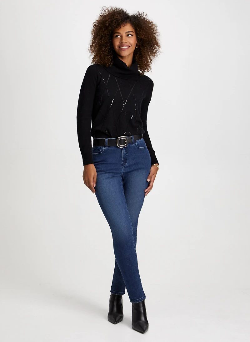 Sequin Motif Sweater & Slim Leg Jeans