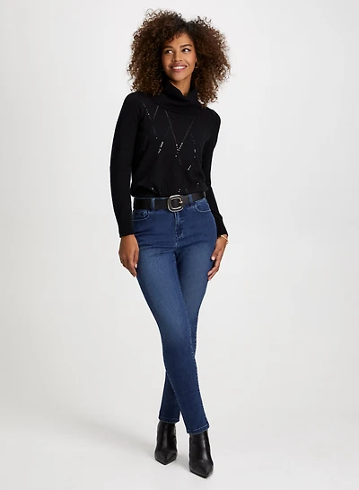 Sequin Motif Sweater & Slim Leg Jeans