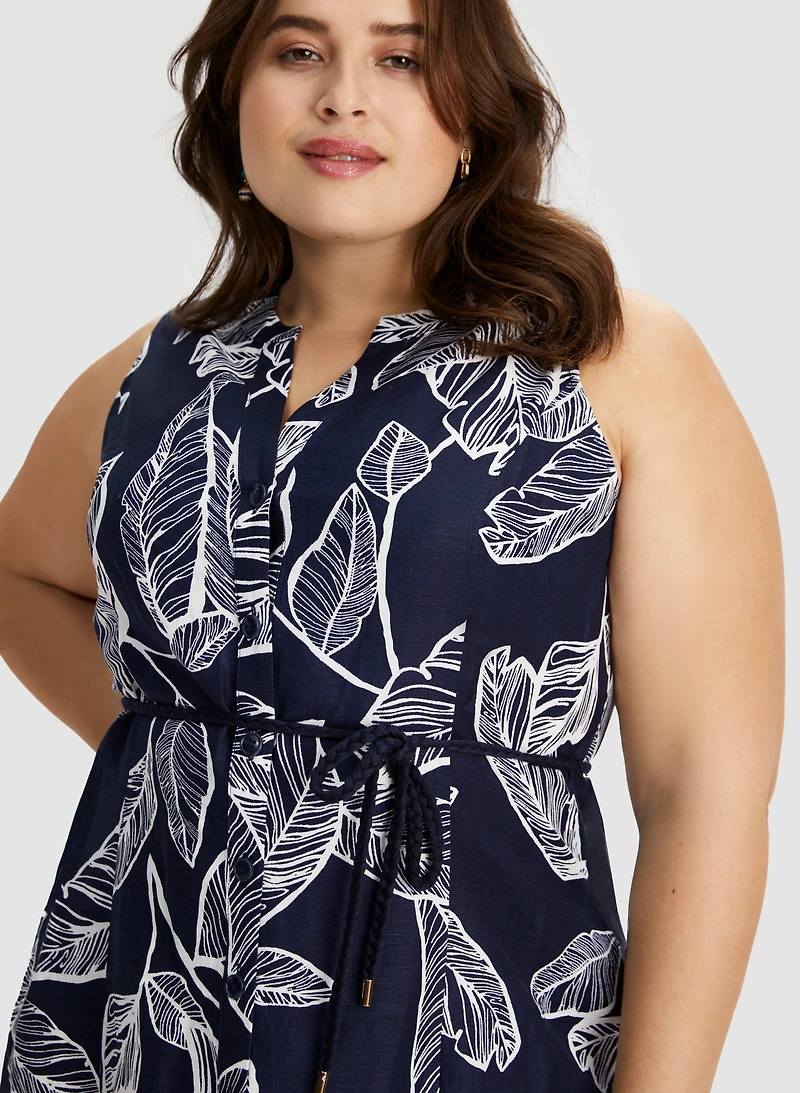 Robe midi sans manches à motif feuilles