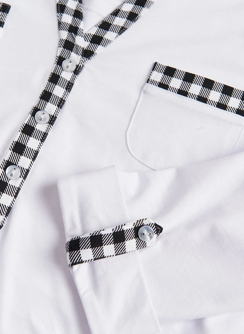 Checkered Print Trim Henley Top