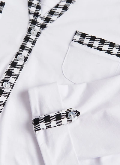 Checkered Print Trim Henley Top