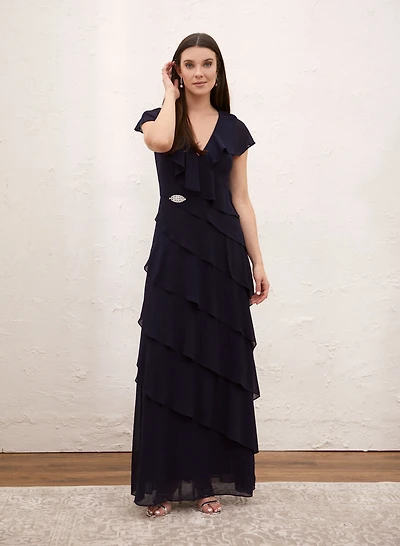 Robe longue à volants et effet étagé
