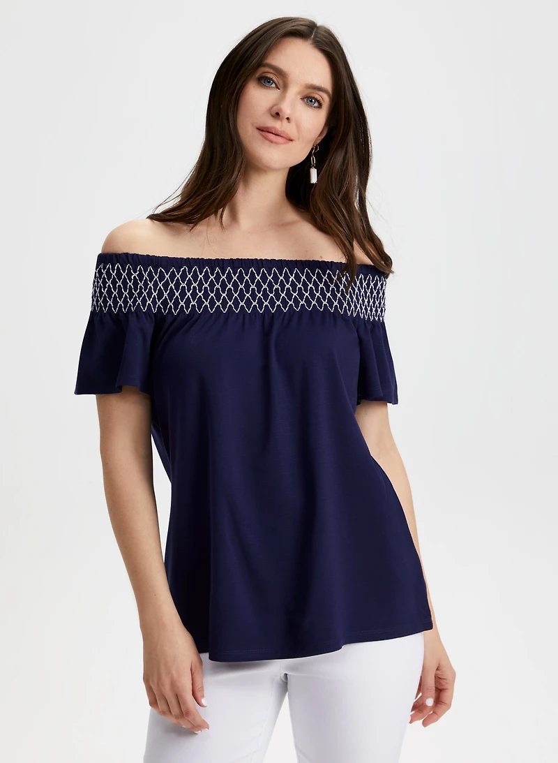 Embroidered Off-the-Shoulder Tee