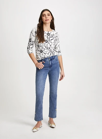 Floral Print Sweater & Button Hem Jeans