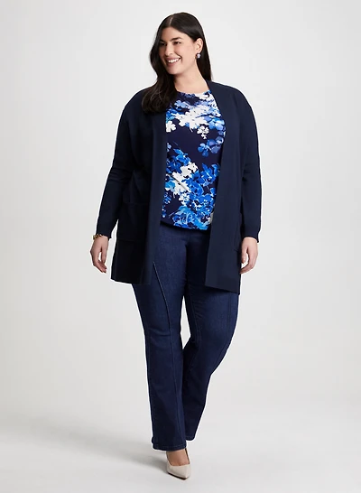 Cardigan mi-long et jean à enfiler
