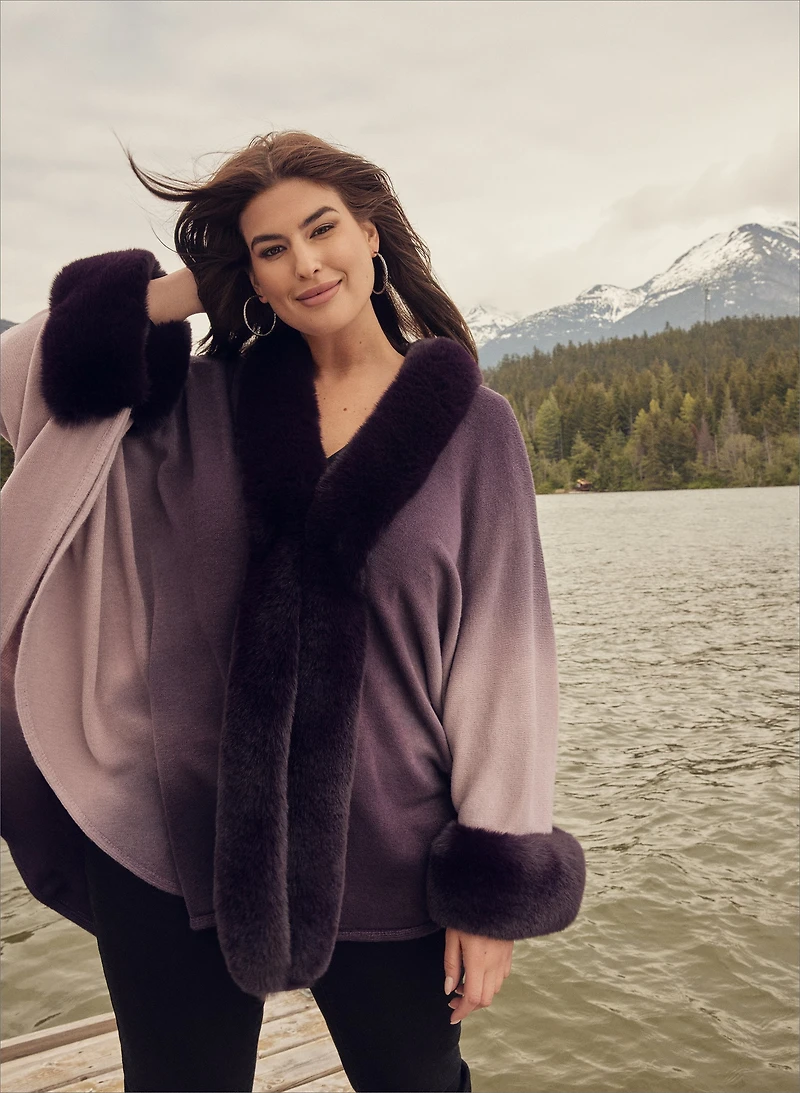 Ombré Faux Fur Trim Cape