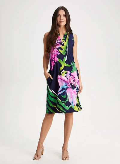 V-Neck Tropical Print Dress