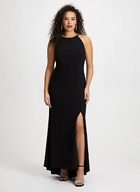 Side Slit Halter Dress & Crystal Strand Earrings