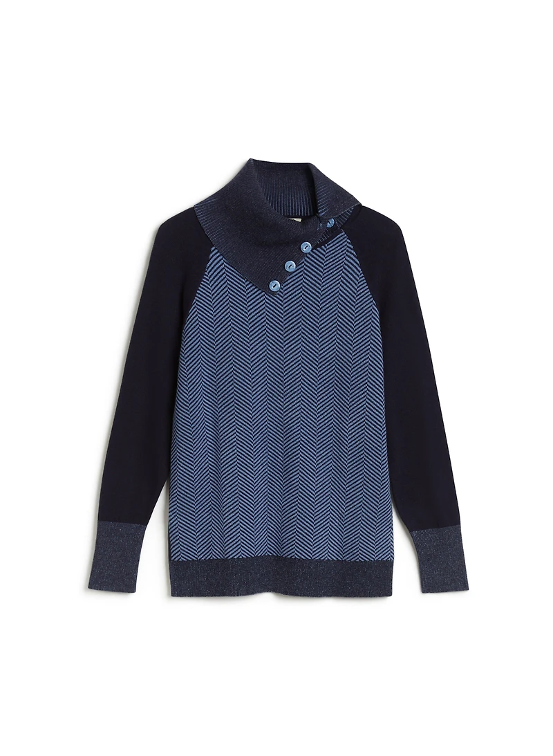 Herringbone Motif Split Collar Sweater