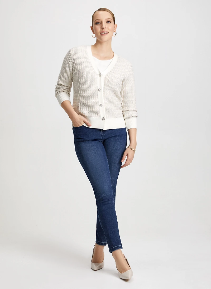 Jewel Button Cardigan & Slim Leg Jeans