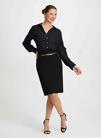 Ruffle Detail Blouse & Chain Link Pencil Skirt