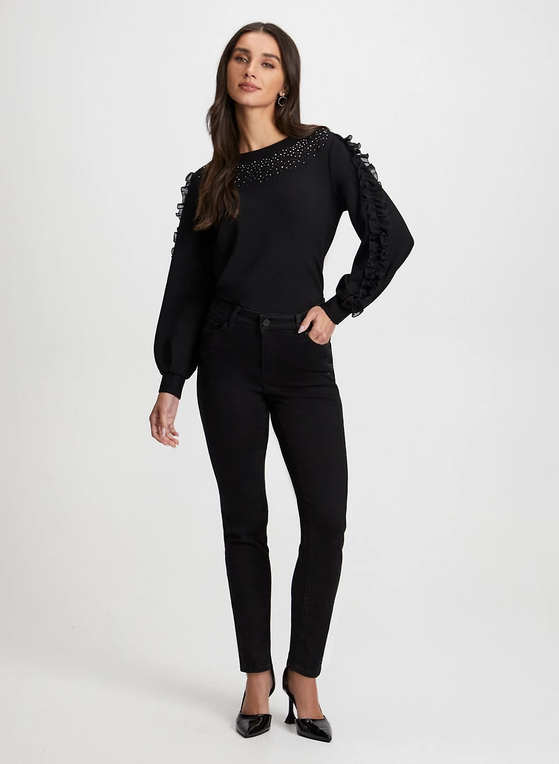 Ruffle Sleeve Top & Rhinestone Detail Jeans