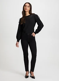 Ruffle Sleeve Top & Rhinestone Detail Jeans
