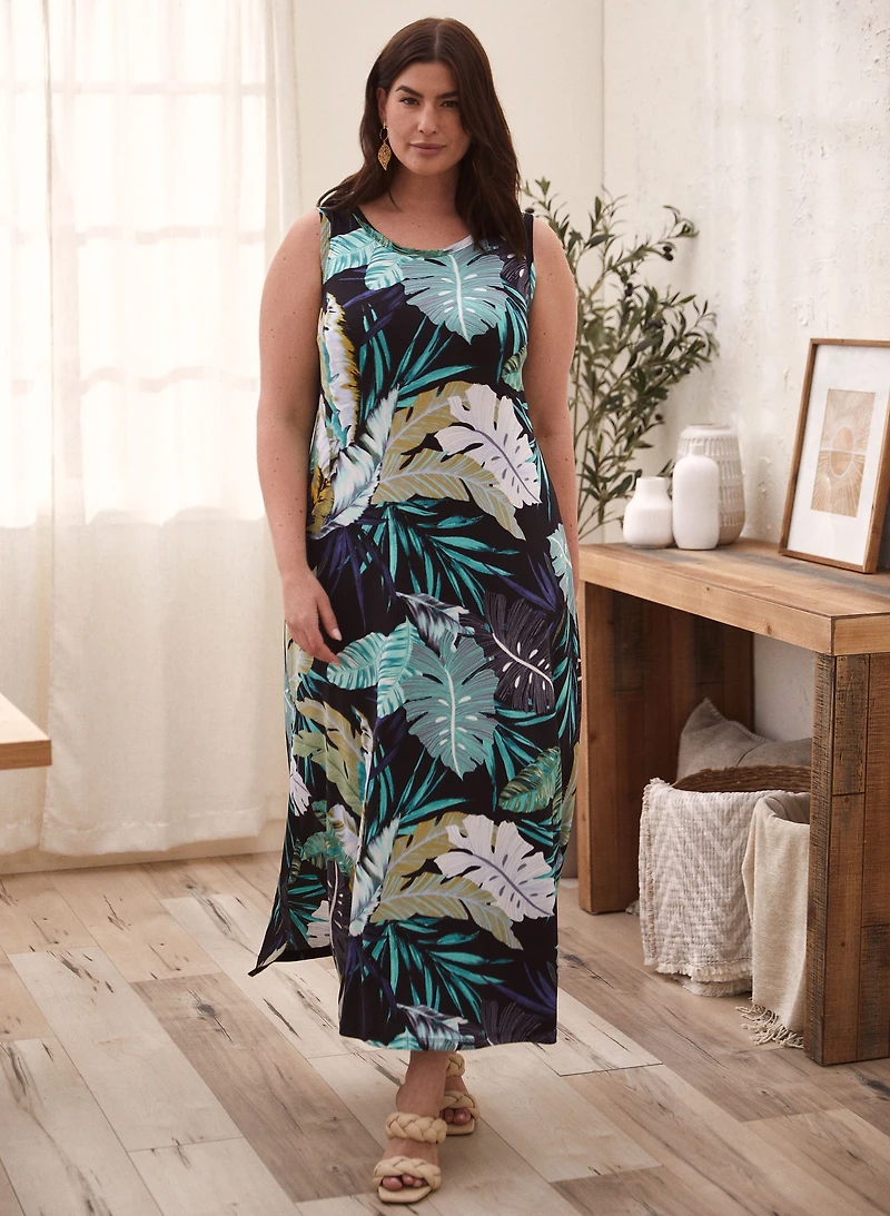 Robe maxi en jersey à motif tropical