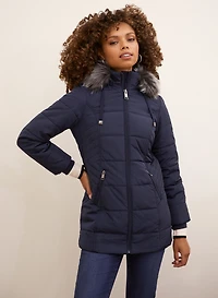 Manteau mi-long à capuche en fausse fourrure