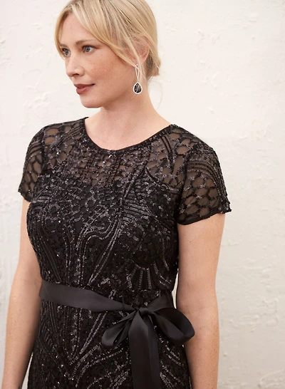 Belted Sequin Mesh Dress