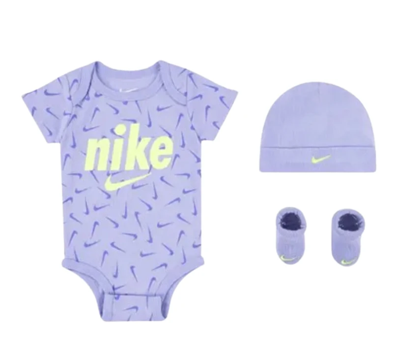 Nike unisex-baby Hat, Bodysuit and Bootie Three Piece Set.