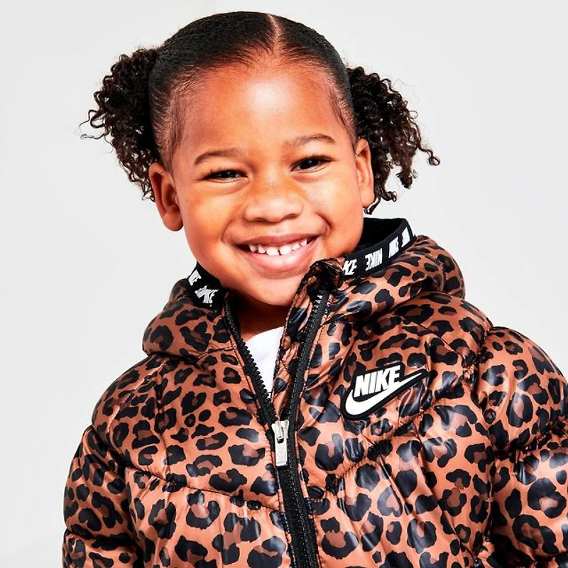 Nike Little Kids' Printed Hooded Puffer Jacket in Brown