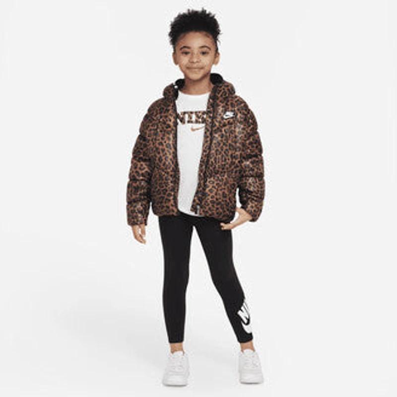 Nike Little Kids' Printed Hooded Puffer Jacket in Brown
