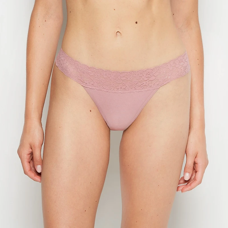 Thong Panty With Lace Trim Sheer Mauve