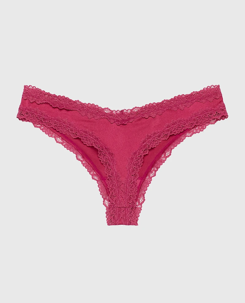 Thong Panty with Lace Trim Electric Rouge