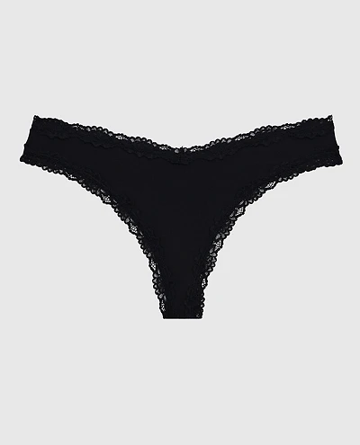 La Senza | Thong Panty With Lace Trim Black Microfiber