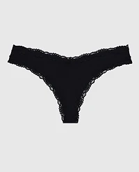 La Senza | Thong Panty With Lace Trim Black Microfiber
