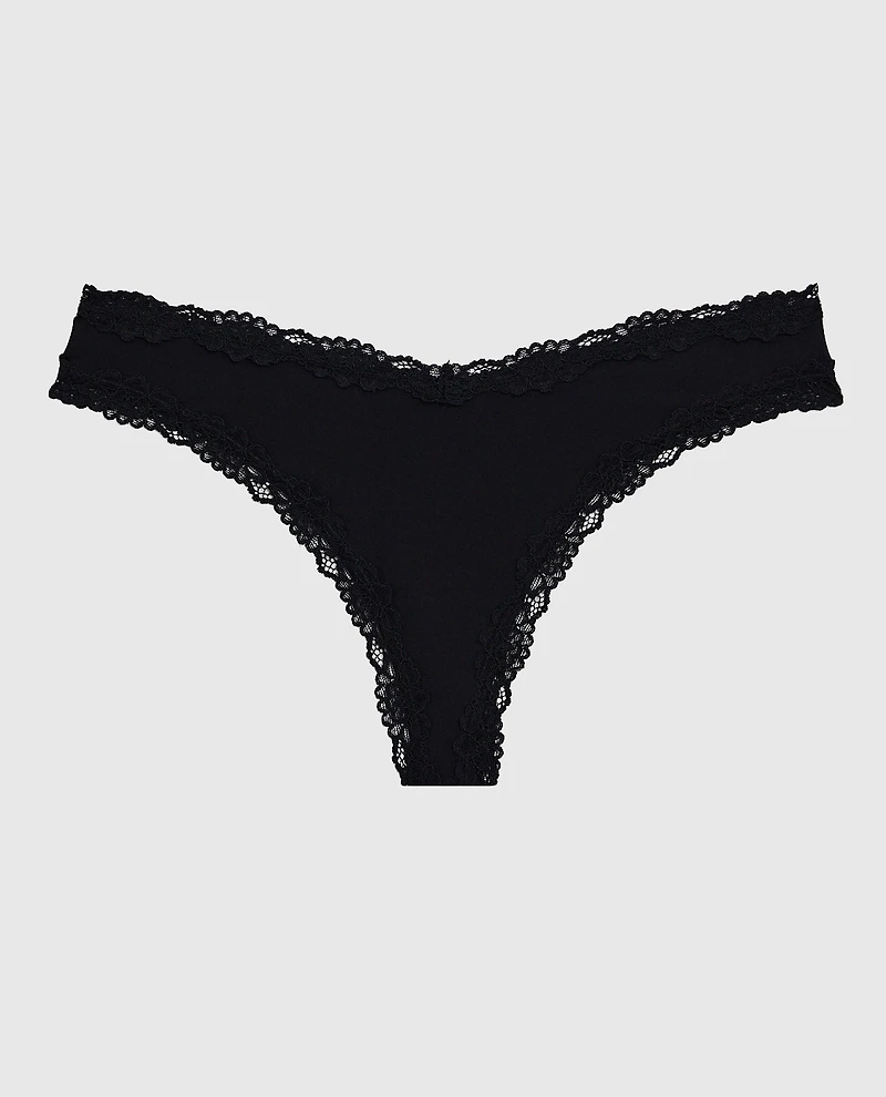 Thong Panty With Lace Trim Tuxedo Black