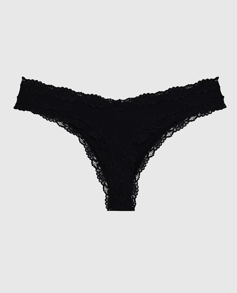 La Senza | Thong Panty With Lace Trim Black Microfiber