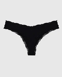 La Senza | Thong Panty With Lace Trim Black Microfiber